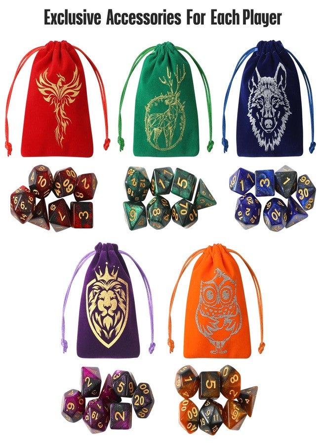 Grajar 35Pcs DND Dice Set with 5 Colorful Animal Patterned Dice Pouches, Polyhedral Dice Sets for Dungeons and Dragons D&D TTRPG MTG Table Role Playing Games Starry Sky - Image 2